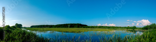 Panoramic landscape from the lake with colorful clouds in the summer sun.