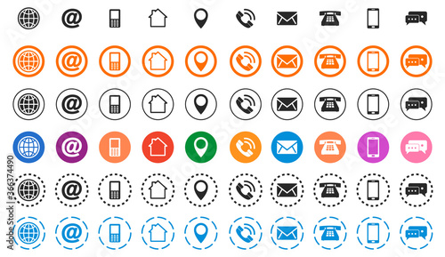 Contact us icons set. Vector illustration. Social media network icons in flat design. Communication icons isolated. Smartphone, mobile, location pin, globe, mail.