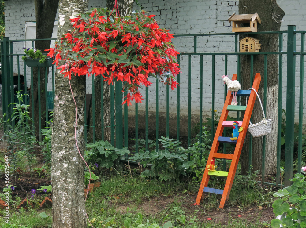 Garden decor - a lush red flower is suspended from a tree, in the background there is a wooden staircase, a birdhouse and a fence