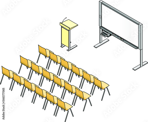 Chairs, lectern and screen setup for a presentation, lecture or seminar. With a large whiteboard.