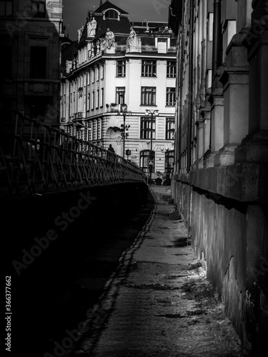 Fotografie Black and white Picturesque narrow streets of the Old Town of Prague Czech Repub