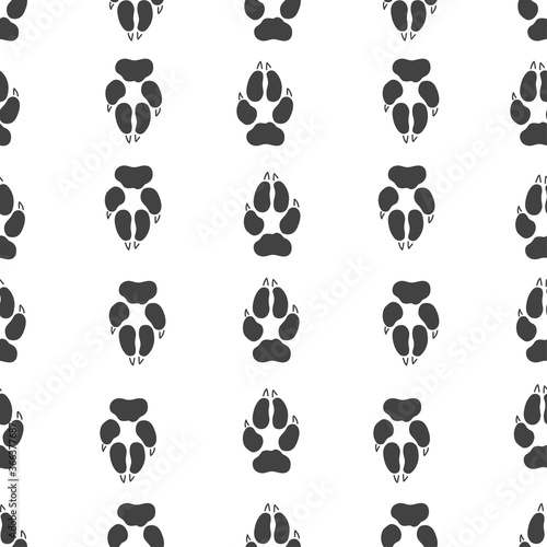 Footprint of wolf and silhouette wolf isolated seamless pattern on white background. Vector