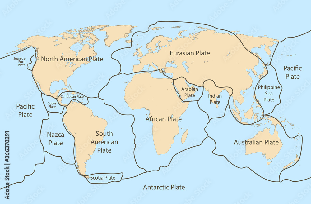 Tectonic plate earth map. Continental ocean pacific, volcano lithosphere geography plates