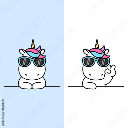 Cute unicorn with sunglasses over wall cartoon, vector illustration