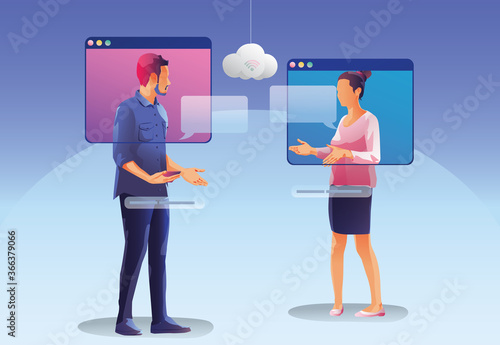 Businessmen use Video conference landing. People on window screen taking with colleagues. Videoconferencing and online meeting workspace page, man and woman learning. Vector illustration, Flat