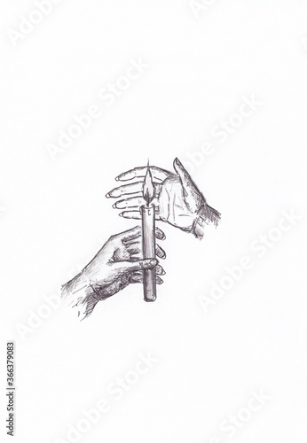 Human hands with a burning candle, hand drawn ink sketch illustration