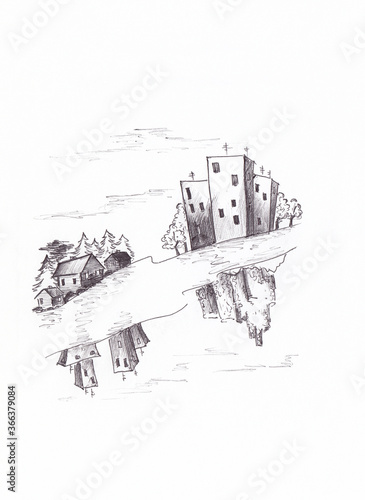 Fantasy village and city reflected in the river, hand drawn ink sketch illustration. Landscape with houses and trees on the shore of the river, reflection of the past and future