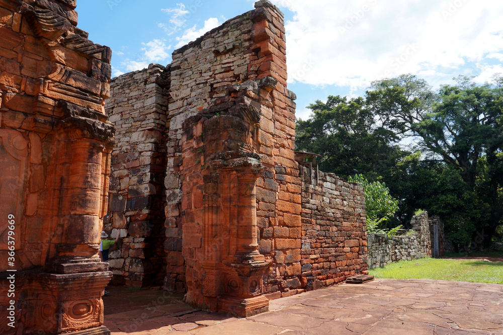 front view of very old jesuits settlement, San Ignacio ruins in Misiones, Argentina. Central part of jesuits mission in south america. Construction from early 17 century.