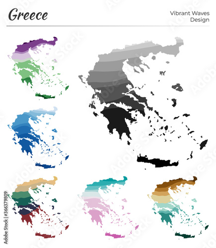 Fototapeta Naklejka Na Ścianę i Meble -  Set of vector maps of Greece. Vibrant waves design. Bright map of country in geometric smooth curves style. Multicolored Greece map for your design. Astonishing vector illustration.