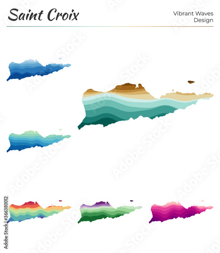 Set of vector maps of Saint Croix. Vibrant waves design. Bright map of island in geometric smooth curves style. Multicolored Saint Croix map for your design. Attractive vector illustration.