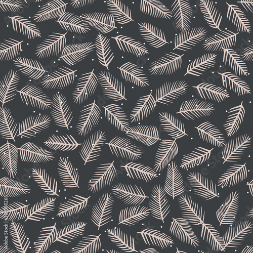 Seamless christmas foliage with snow holiday background. Fir sprig tossed monochrome pattern texture. Scandi festive christmas motif background.  Stylish modern seasonal all over print