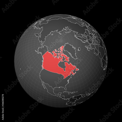 Dark globe centered to Canada. Country highlighted with red color on world map. Satellite world projection. Authentic vector illustration.