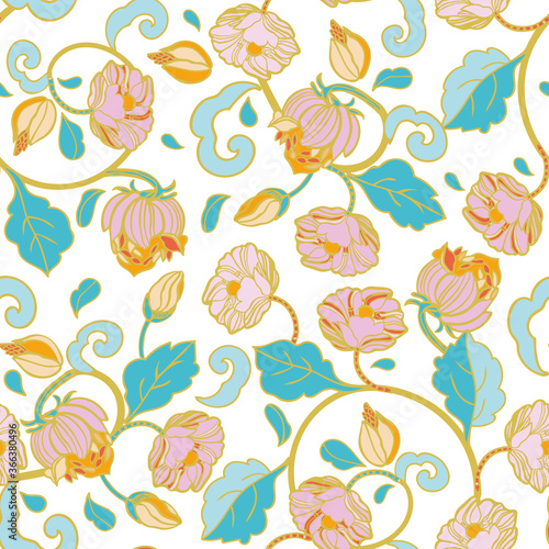 Vector royal baroque intarsia style pastel floral pattern, seamless design with hand drawn vintage florals on white background. Nature background. Surface pattern design.