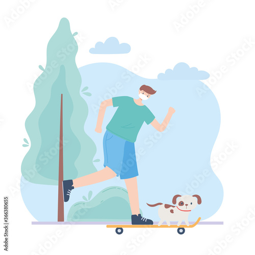 people with medical face mask, man riding skate with dog, city activity during coronavirus