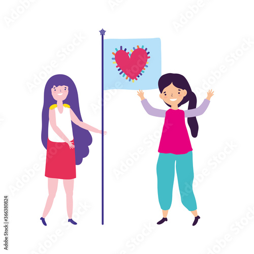 pride parade lgbt community, women with flag heart together