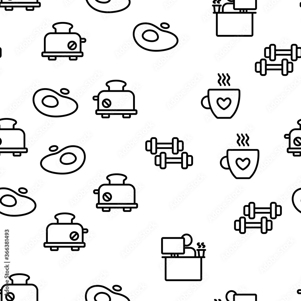 Morning Food And Tools Vector Seamless Pattern Thin Line Illustration Morning Food And Tools Vector Seamless Pattern Thin Line Illustration
