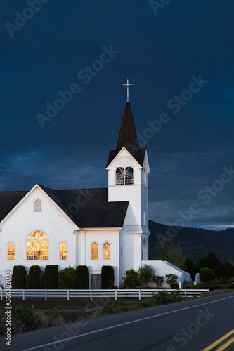 a church with dark blue sky