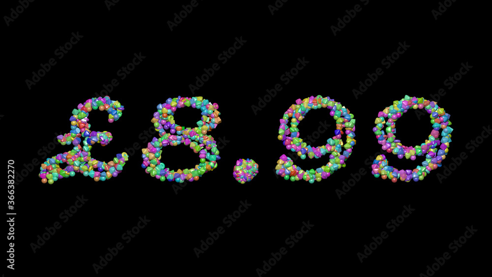 £8.: 3D illustration of the text made of small objects over a black background with shadows £8.: 3D illustration of the text made of small objects over a black background with shadows
