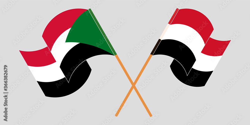 Crossed and waving flags of Sudan and Yemen Crossed and waving flags of Sudan and Yemen