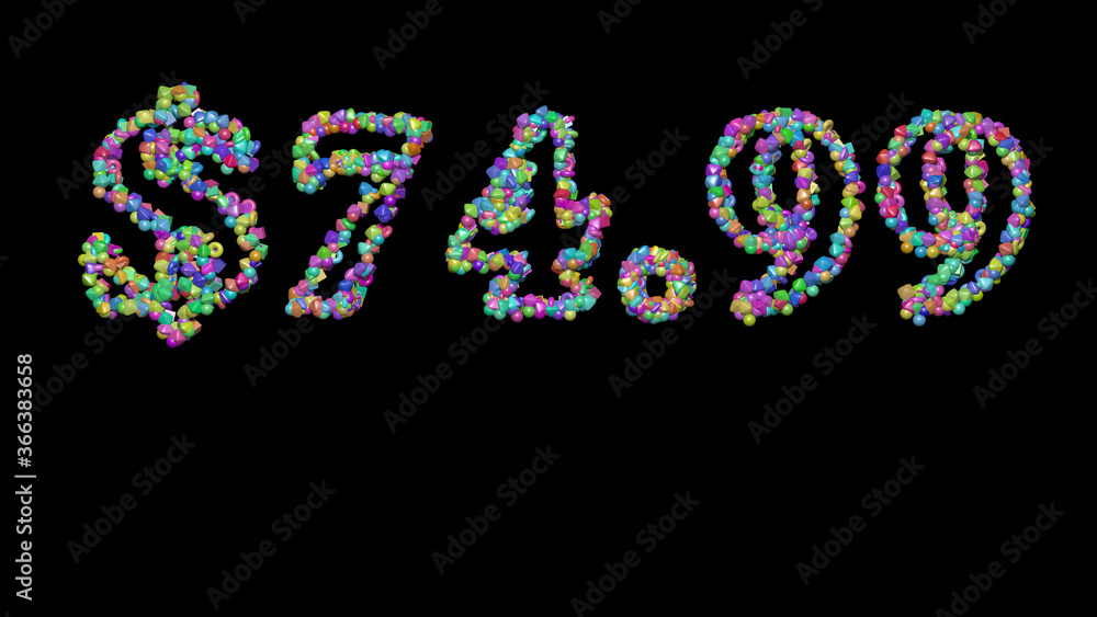 $74.: 3D illustration of the text made of small objects over a black background with shadows