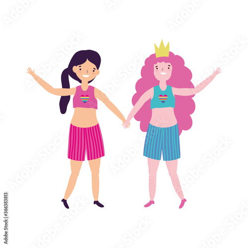 pride parade lgbt community, two women character with crown celebration