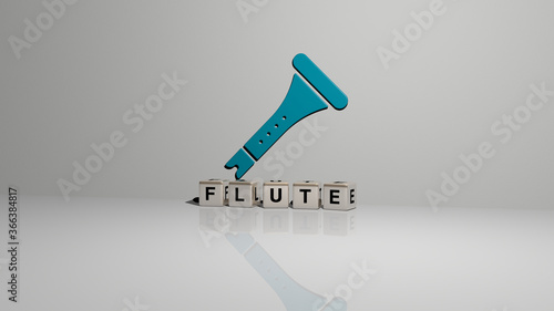 3D graphical image of flute vertically along with text built by metallic cubic letters from the top perspective, excellent for the concept presentation and slideshows. illustration and background