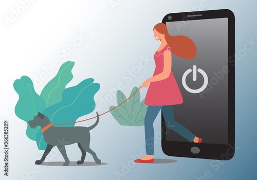 Digital Detox Concept. Happy woman and dog exiting the smartphone screen. Unplugging the phone and being offline. Flat vector illustration.