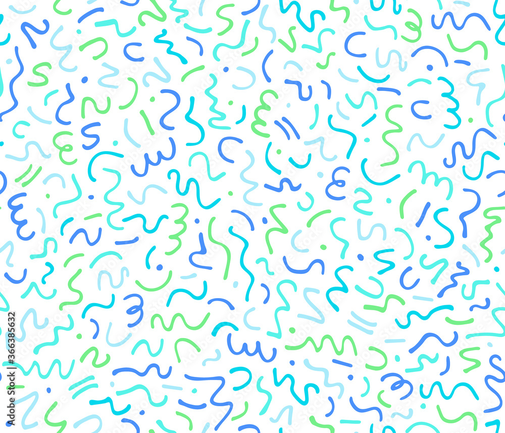 Freehand flowing doodles. Abstract pattern with hand drawn doodles colored in blues and greens. Fun kids textile pattern