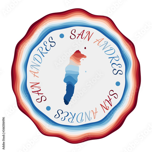 San Andres badge. Map of the island with beautiful geometric waves and vibrant red blue frame. Vivid round San Andres logo. Vector illustration.