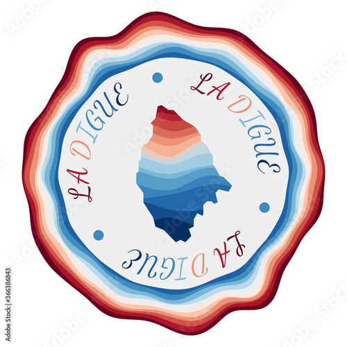 La Digue badge. Map of the island with beautiful geometric waves and vibrant red blue frame. Vivid round La Digue logo. Vector illustration.