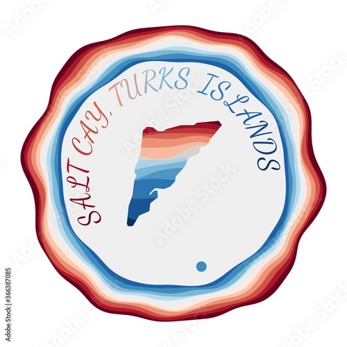 Salt Cay, Turks Islands badge. Map of the island with beautiful geometric waves and vibrant red blue frame. Vivid round Salt Cay, Turks Islands logo. Vector illustration.