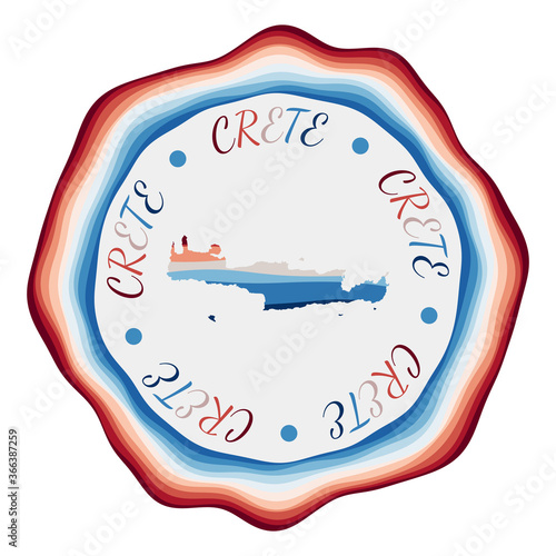 Crete badge. Map of the island with beautiful geometric waves and vibrant red blue frame. Vivid round Crete logo. Vector illustration.