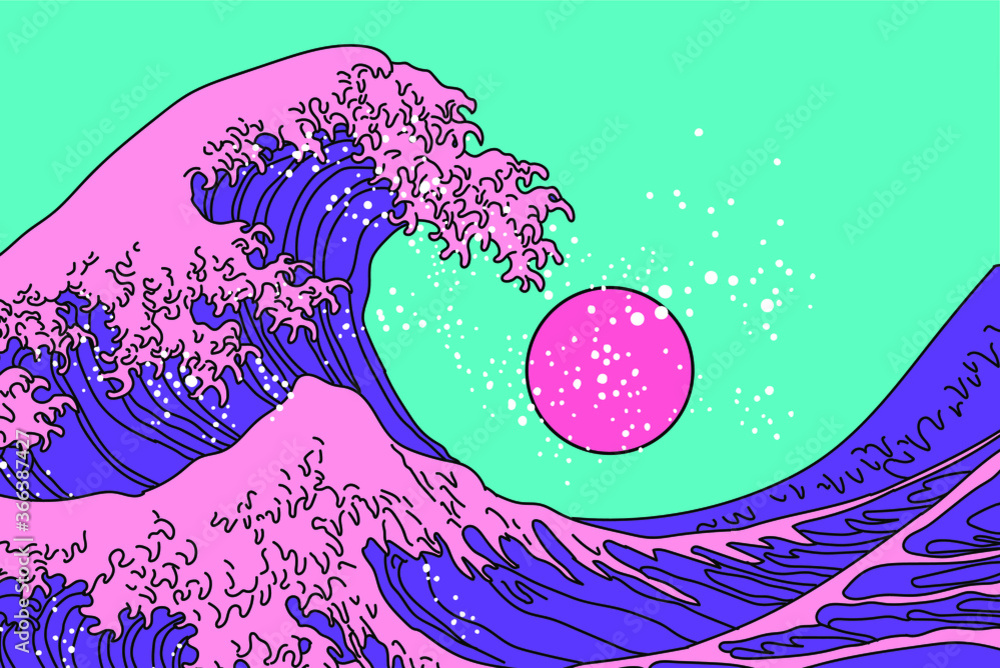 Fototapeta Great Wave in Vaporwave Pop Art style. View on ocean's crest leap toward the sky. Stylized vector line art illustration of 19th century Japanese print.