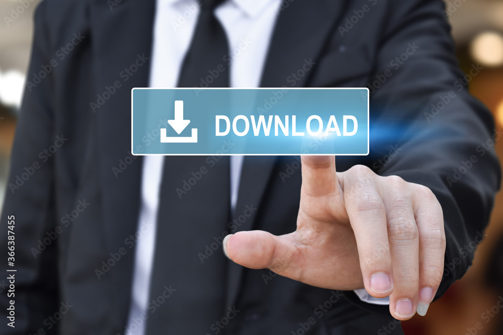 Businessman hand pushing web download icon on virtual touchscreen interface. Businessman hand pushing web download icon on virtual touchscreen interface.