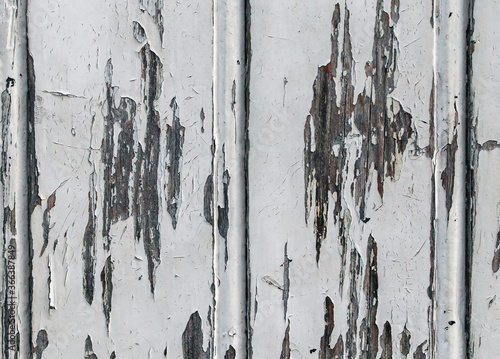 Texture, background of old wooden planks painted white with scuffs. Close-up.