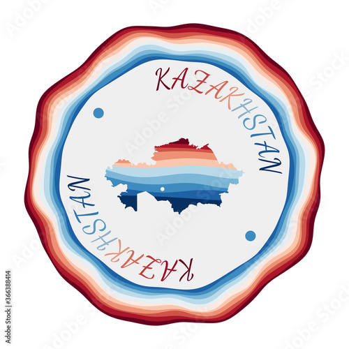 Kazakhstan badge. Map of the country with beautiful geometric waves and vibrant red blue frame. Vivid round Kazakhstan logo. Vector illustration.