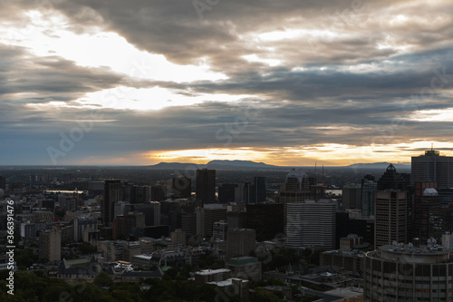 city with tall buildings on a sunrise 