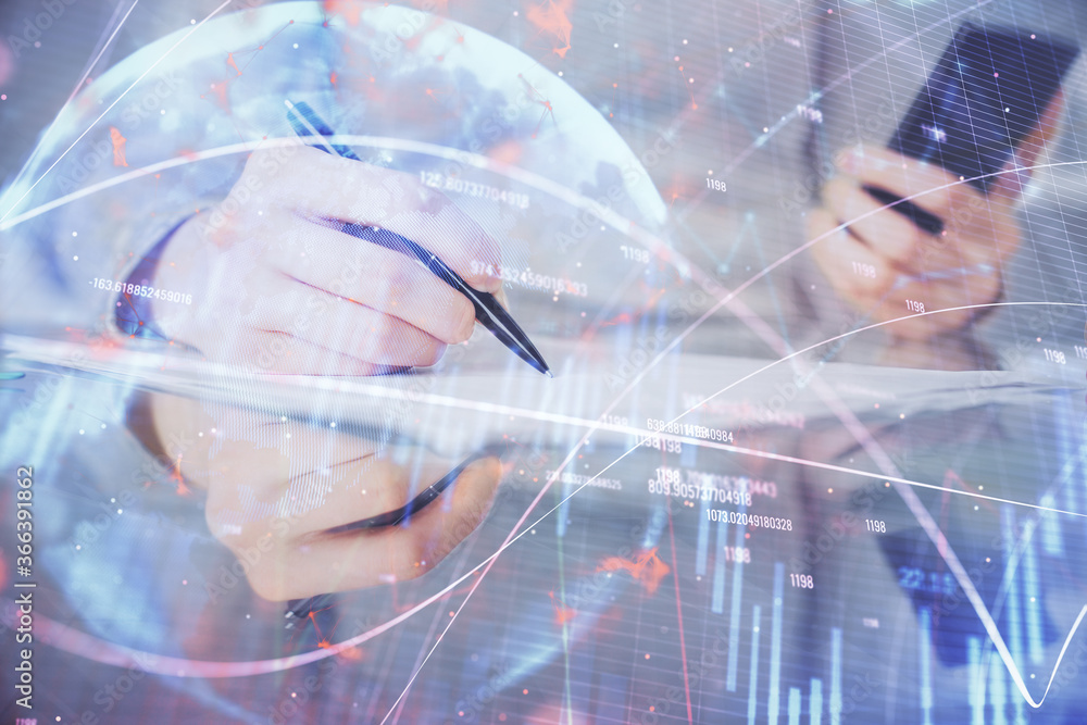 Double exposure of forex chart sketch hologram and woman holding and using a mobile device. Financial market concept. Double exposure of forex chart sketch hologram and woman holding and using a mobile device. Financial market concept.