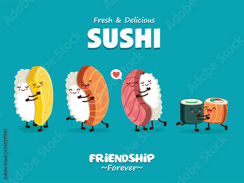 Vintage Sushi poster design with vector sushi character.