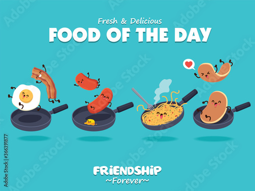 Vintage food poster design with vector egg, bacon, hot dog, pancakes character.