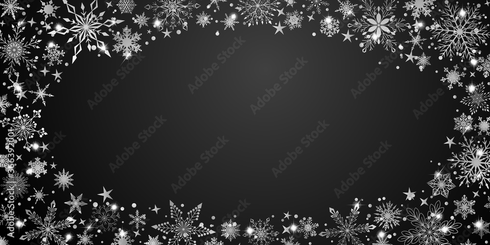 Fototapeta premium Christmas background with various complex big and small snowflakes, white on black, arranged in a ellipse