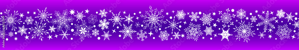 Christmas banner of various complex big and small snowflakes with horizontal seamless repetition, white on purple background Christmas banner of various complex big and small snowflakes with horizontal seamless repetition, white on purple background