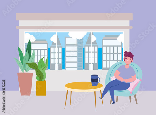 Wallpaper Mural social distancing restaurant or a cafe, young man sitting with coffee cup, covid 19 coronavirus, new normal life Torontodigital.ca