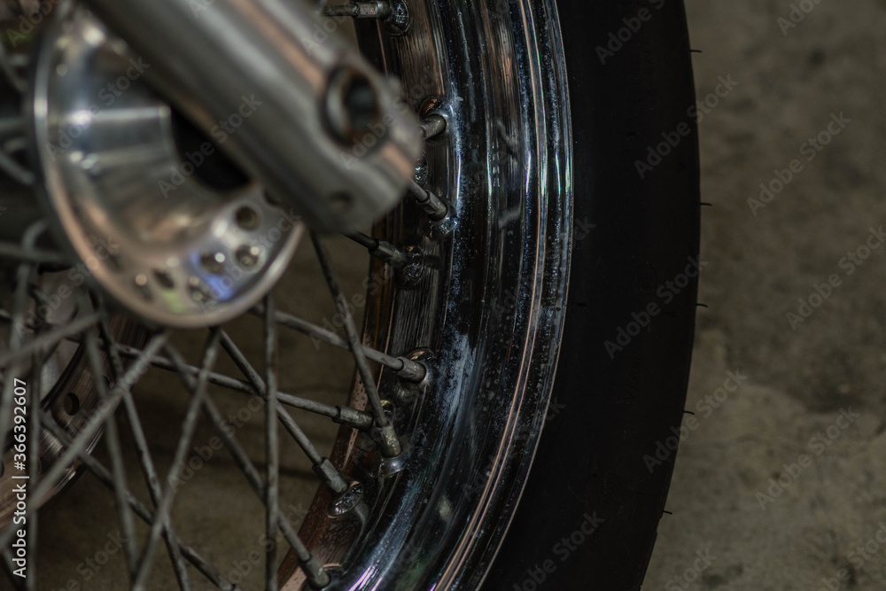 Closeup of motorcycle front wheel