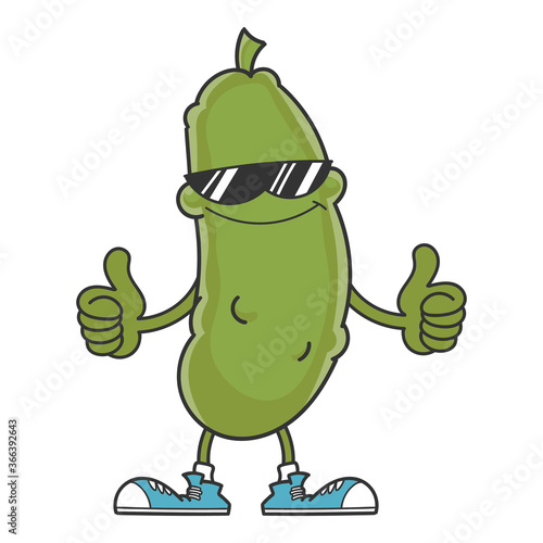 smiling pickle cartoon with sunglasses character