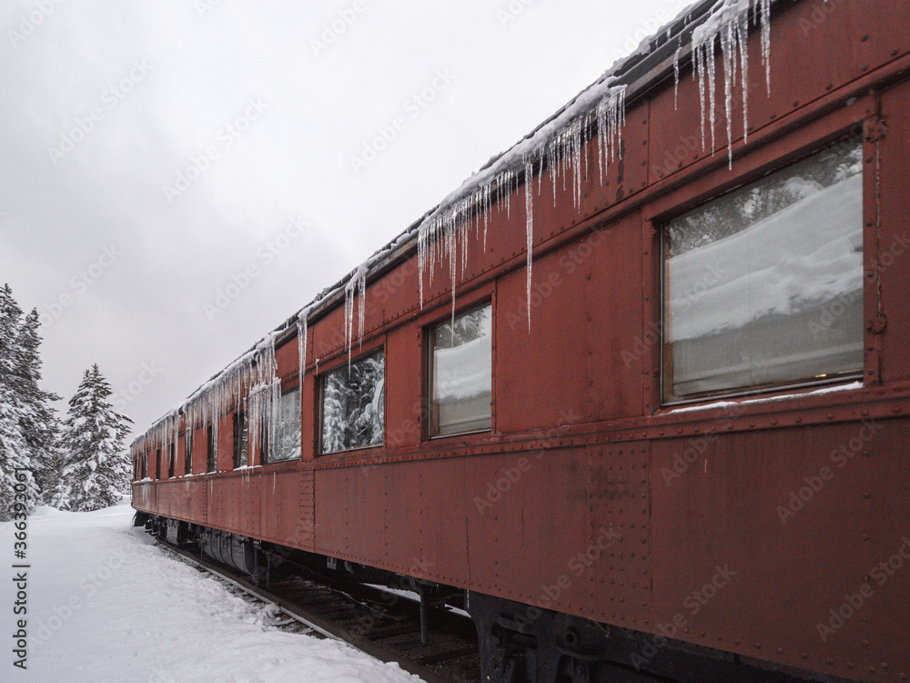 Obraz premium icy red train parked in winter