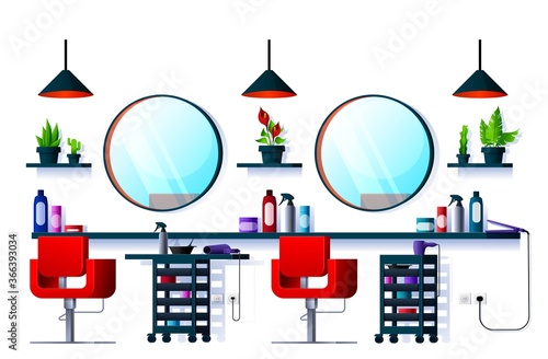 Interior of hair or beauty salon, barber shop. Vector interior with hairdresser chairs, mirrors and haircut equipment, hair dryers, iron and scissors, hairdressing service, hairstylist saloon interior