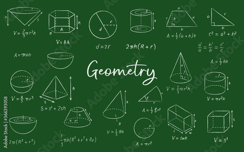 Geometric shape chalk sketches on blackboard, vector education and back to school background. Math formulas, equation, diagrams and proof, circles, squares, spheres and triangles on chalkboard