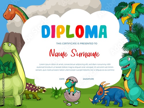 Kids diploma with cartoon dinosaurs, cute vector dragons, funny baby dino characters. School certificate with prehistoric Jurassic period wild animals tyrannosaurus rex, pterodactyl, volcano eruption