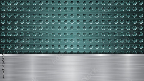 Background of light blue perforated metallic surface with holes and horizontal silver polished plate with a metal texture, glares and shiny edges